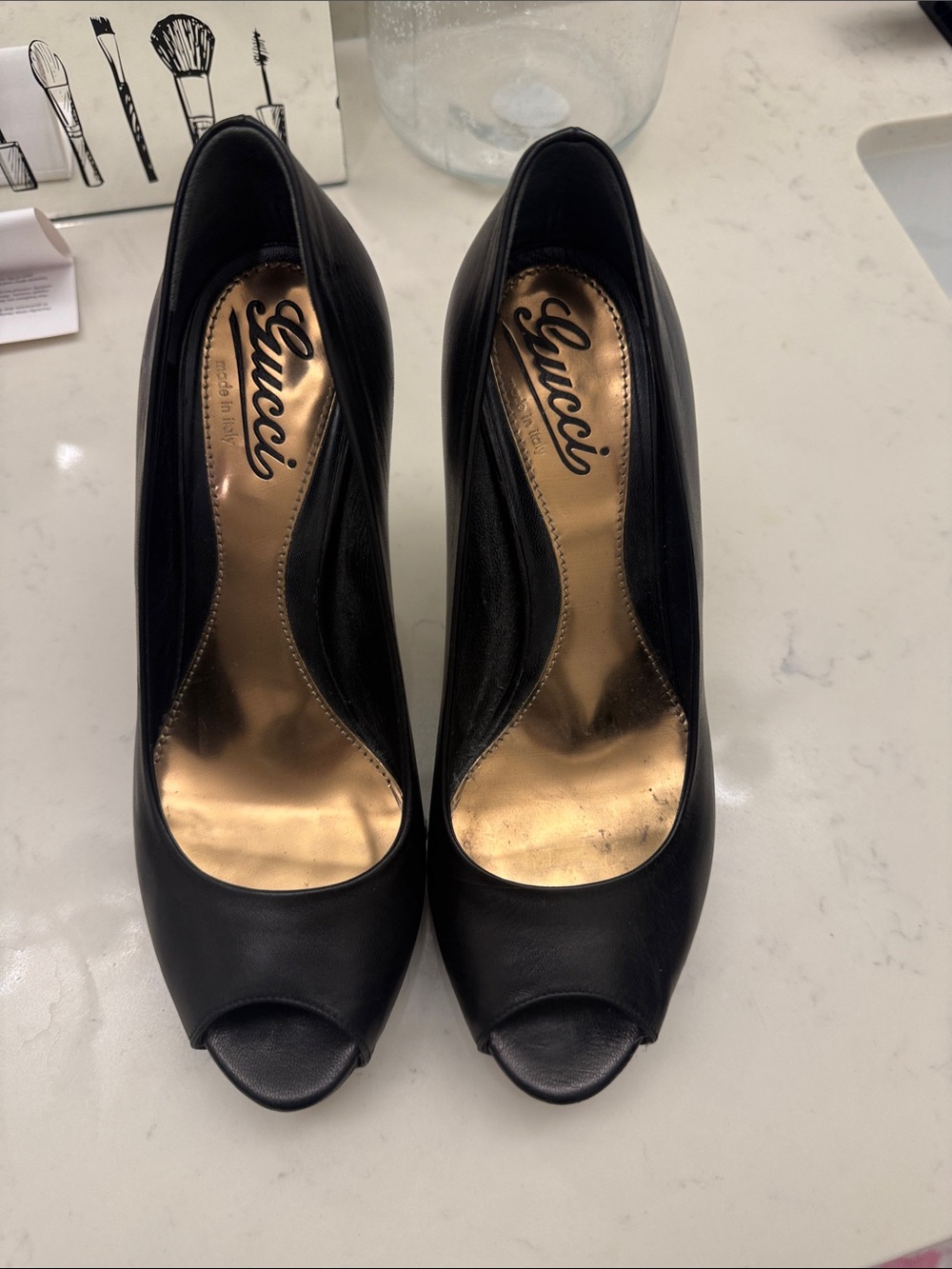 Gucci Black Leather Peep-Toe Pumps with Gold Insole